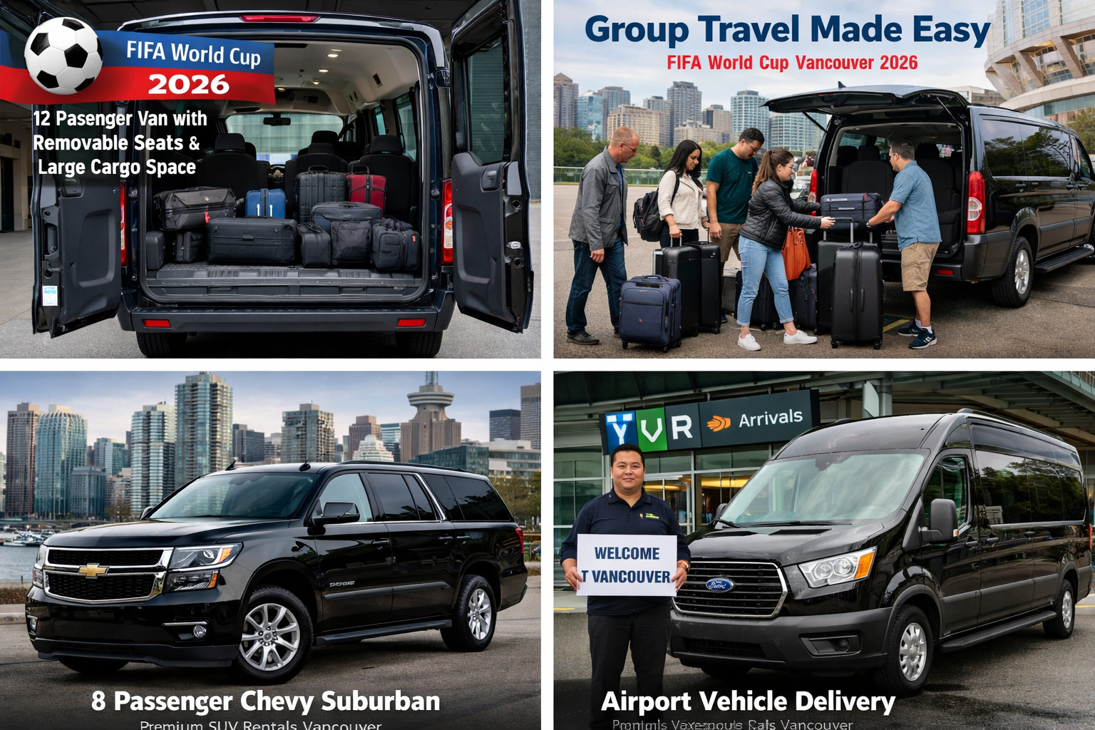 “World Cup Vancouver transportation with 12 passenger van rentals and Chevy Suburban SUV rentals from Executive Car Rentals Vancouver”