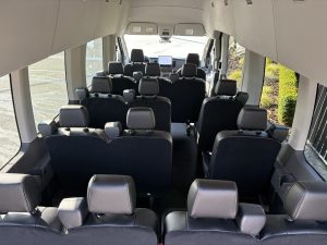 15 passenger seating inside Ford Transit AWD rental van